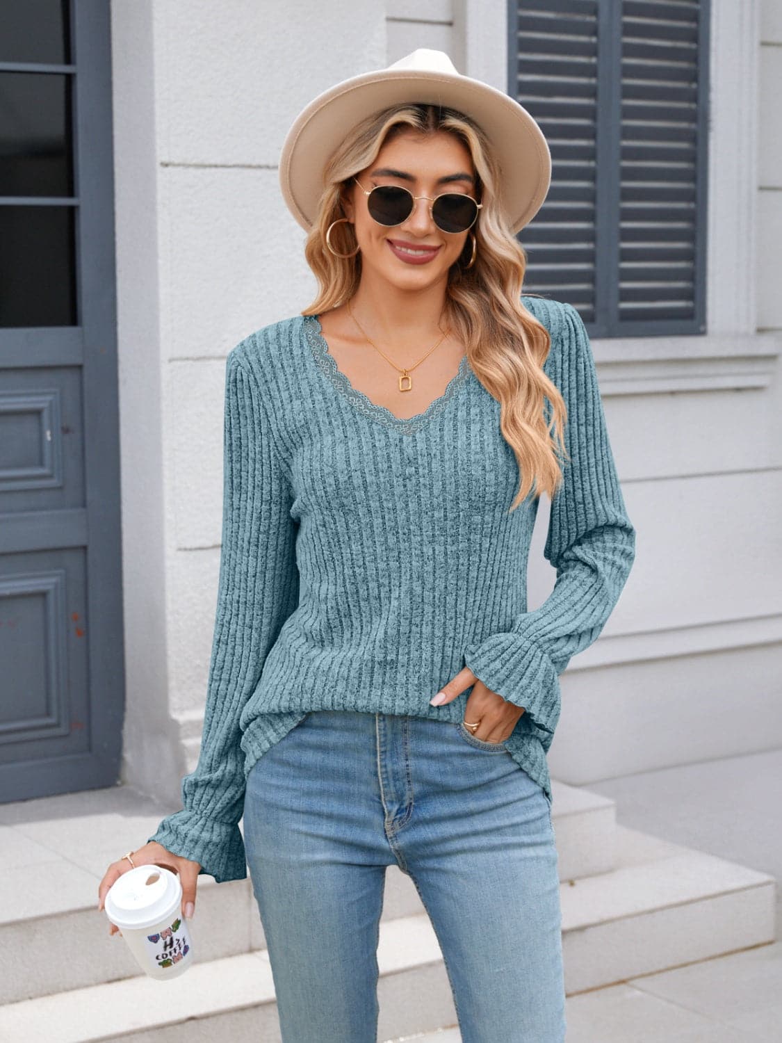 Lace v-neck long sleeve top