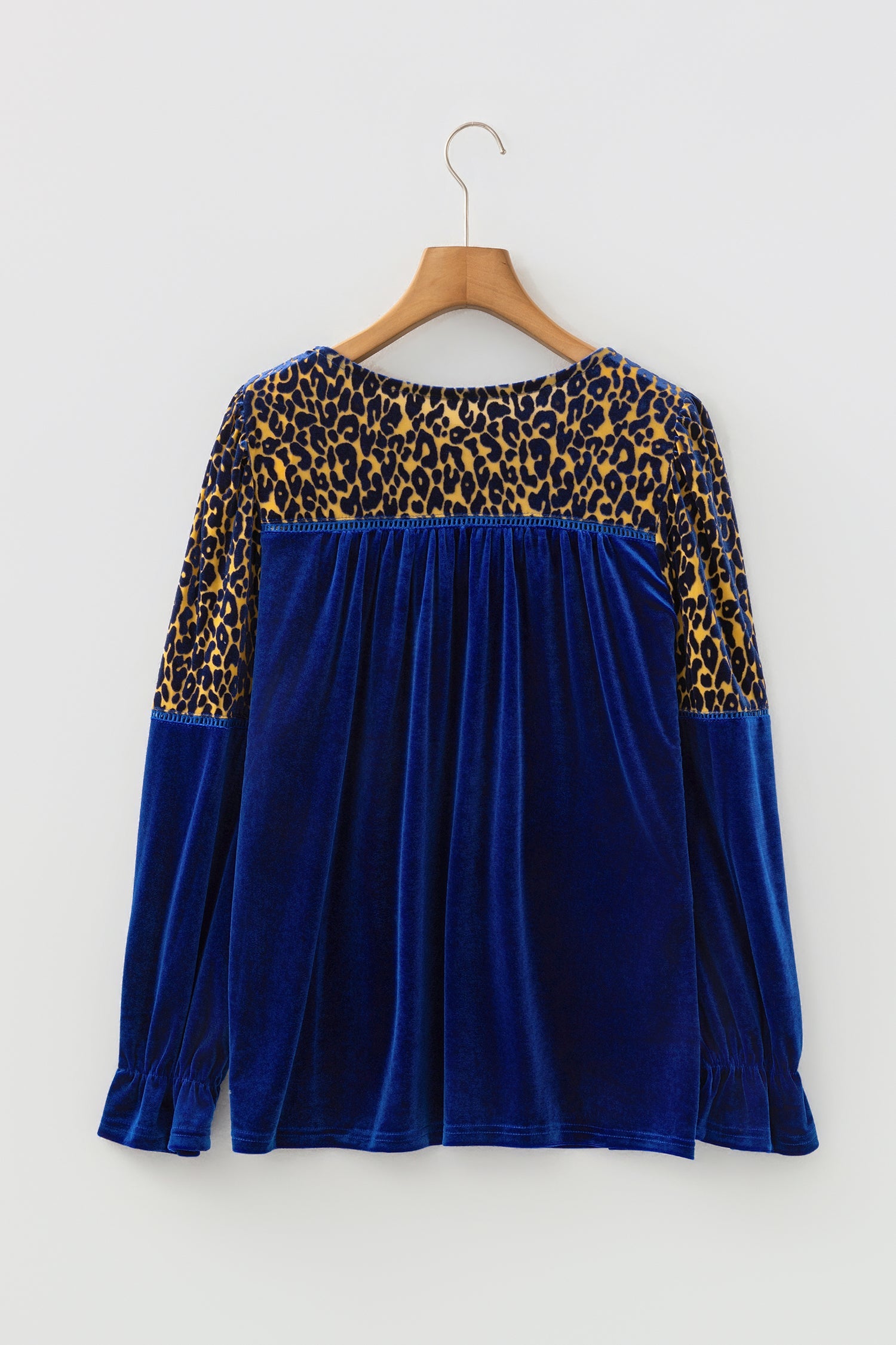 Sky Blue Leopard Patchwork Velvet Blouse with Flounce Sleeve Dear-Lover Dropshipping