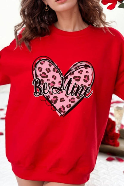 Valentine's Day Be Mine Heart Long Sleeve Sweatshirt in red with leopard print heart design.