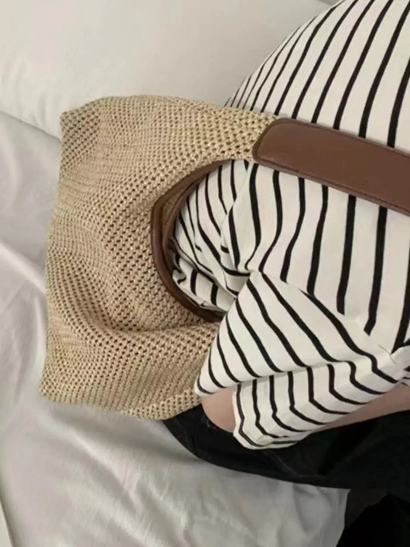 Woven Straw Handbag with Leather Strap Simply Love