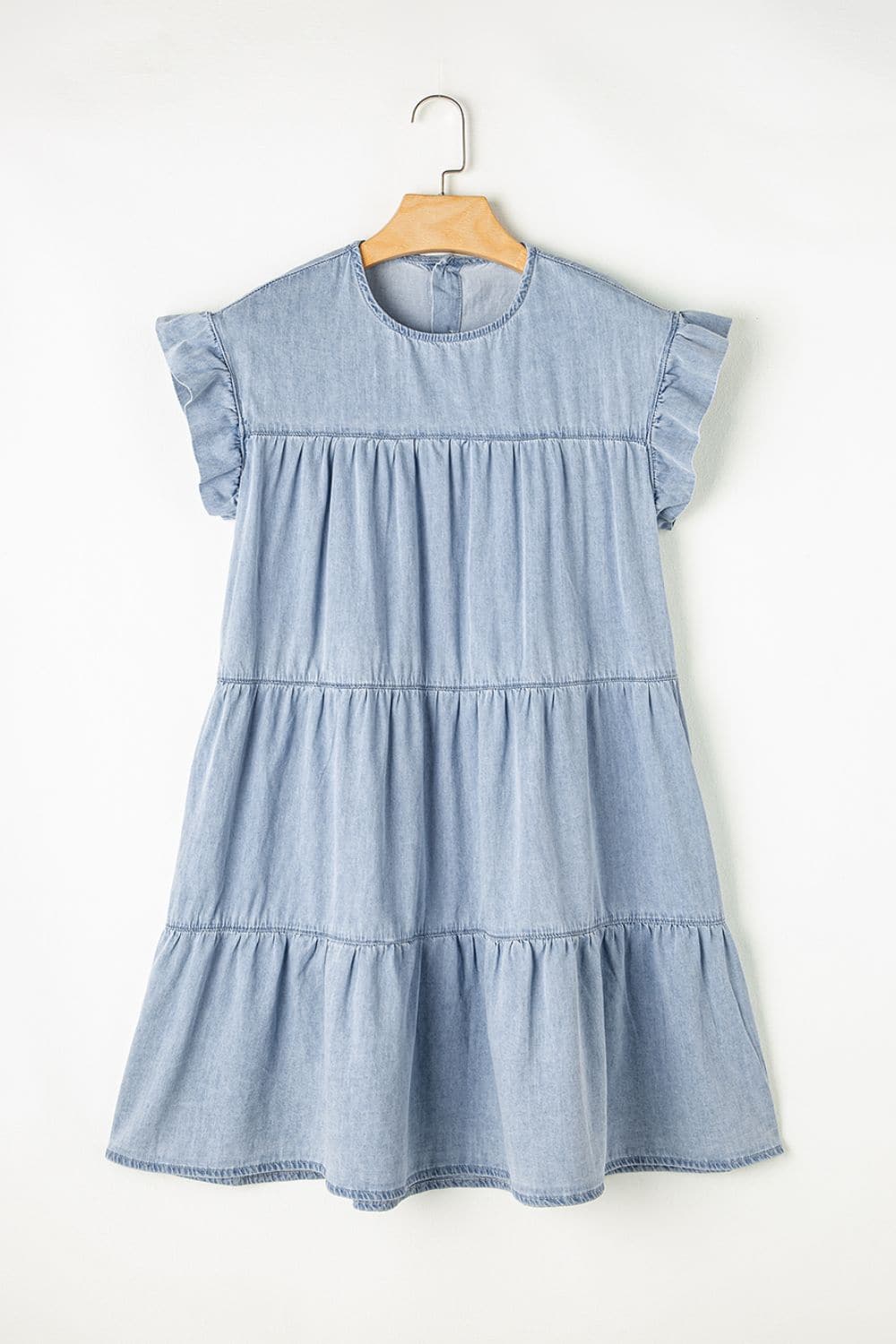 Ruffled Round Neck Cap Sleeve Denim Dress.