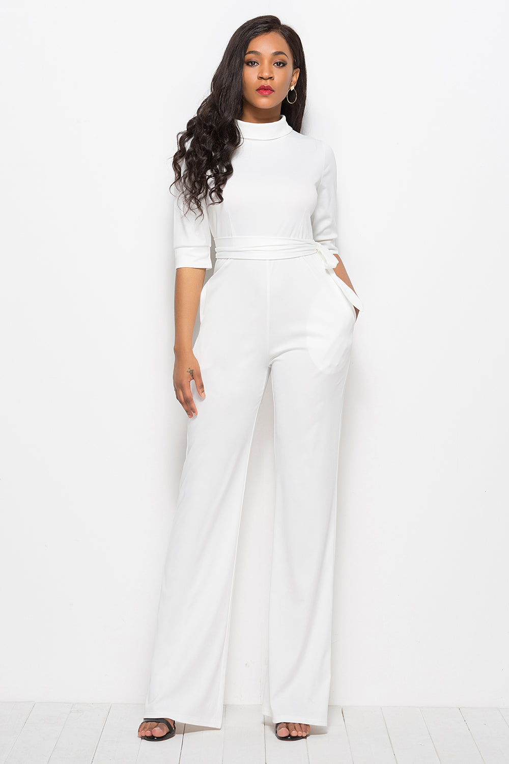 Mock Neck Tie-Waist Half Sleeve Jumpsuit Coco’s Tee Boutique