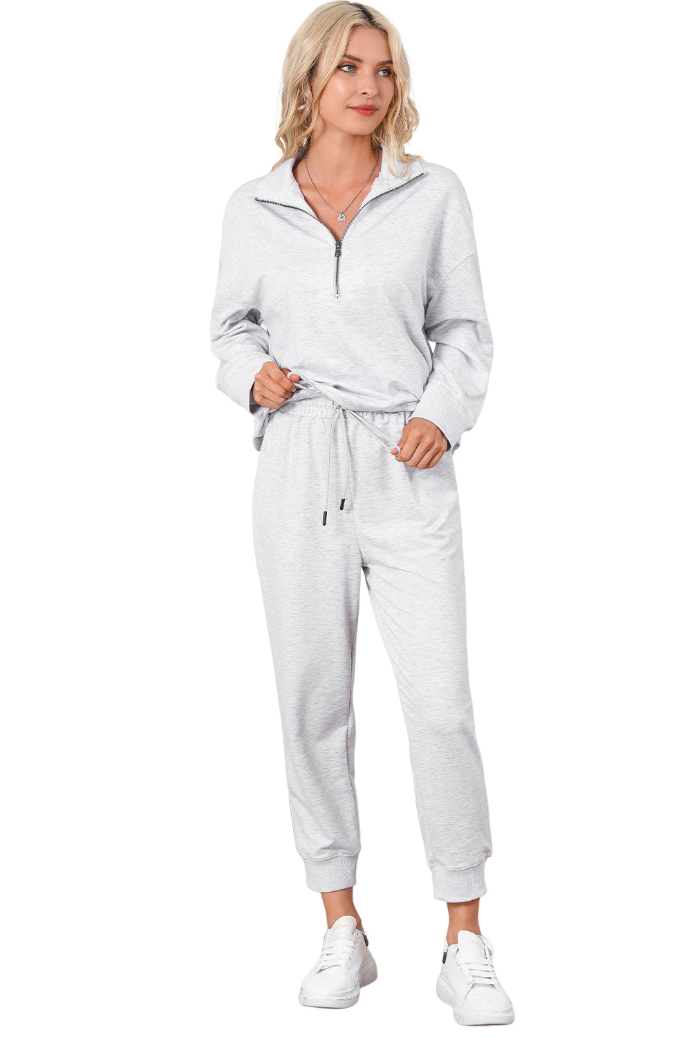 Cozy gray half-zip lounge set with drawstring high-waist pants