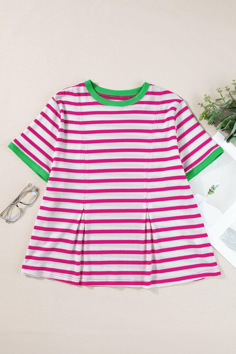 Striped Round Neck Short Sleeve T-Shirt.