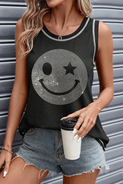 Rhinestone Smile Face Round Neck Tank.