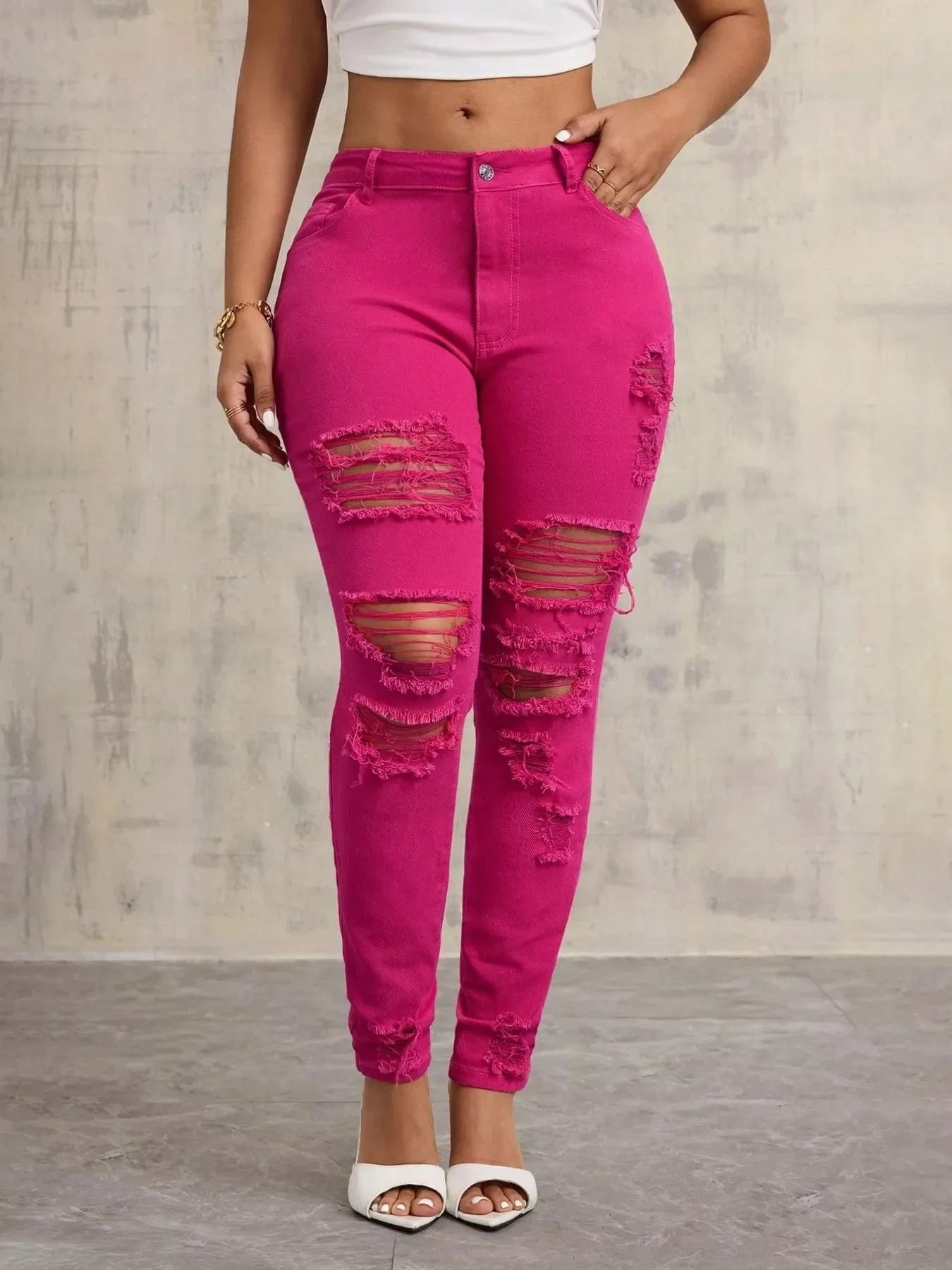 Fuchsia Fierce Distressed High-Waisted Skinny Jeans Coco’s Tee Boutique