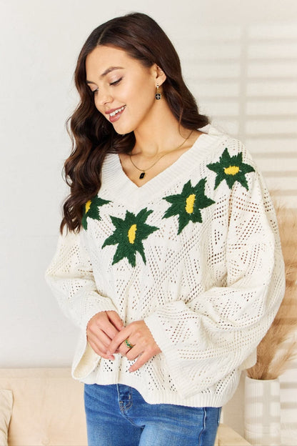 POL Floral Embroidered Pattern V-Neck Sweater.