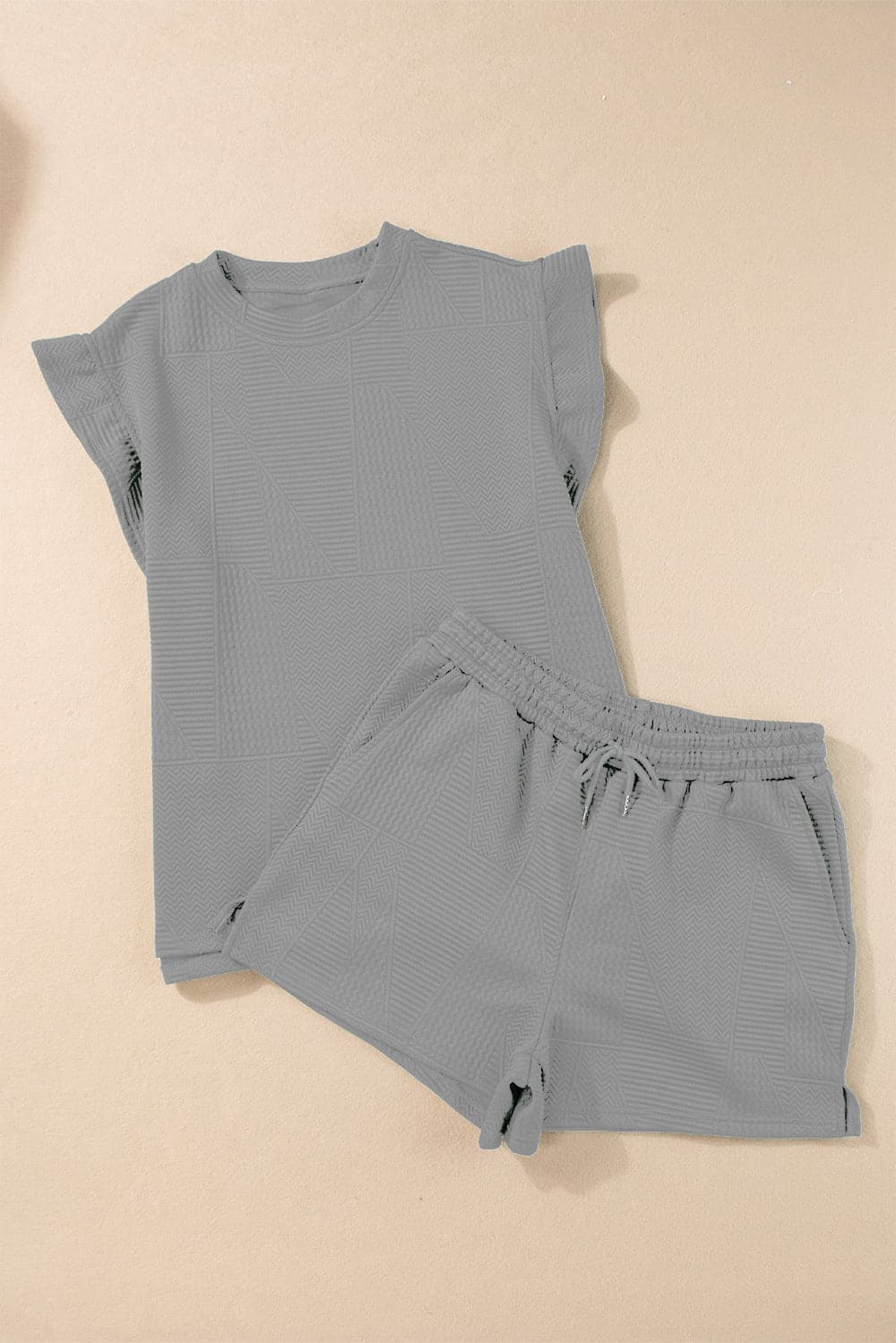 Slit Round Neck Top and Drawstring Shorts Set.