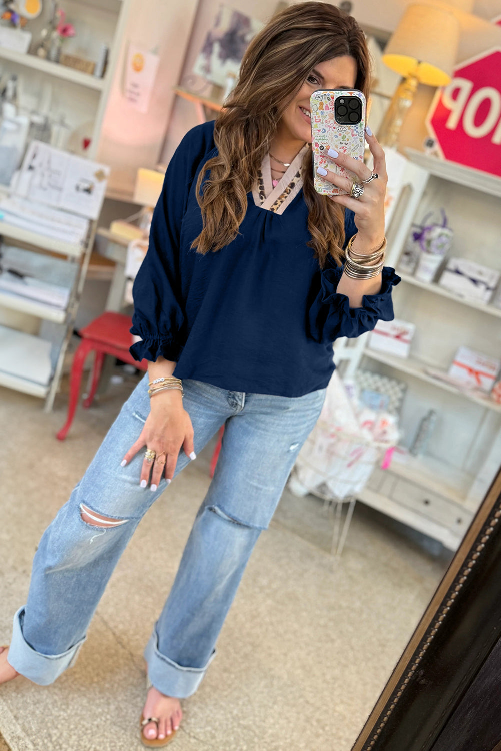 Dirty Blue Leopard Trim V Neck Flounced Bracelet Sleeve Blouse Dear-Lover Dropshipping