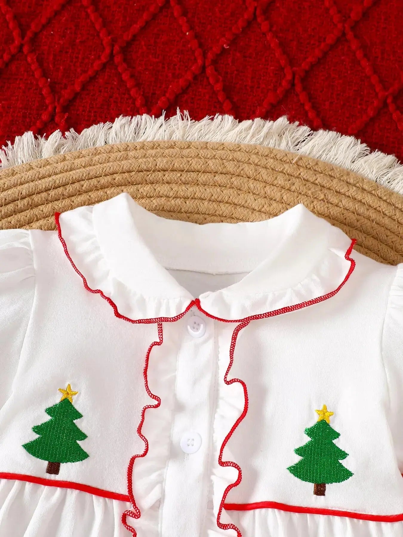 Children's Christmas Tree Embroidered Ruffle Trim Dress Simply Love