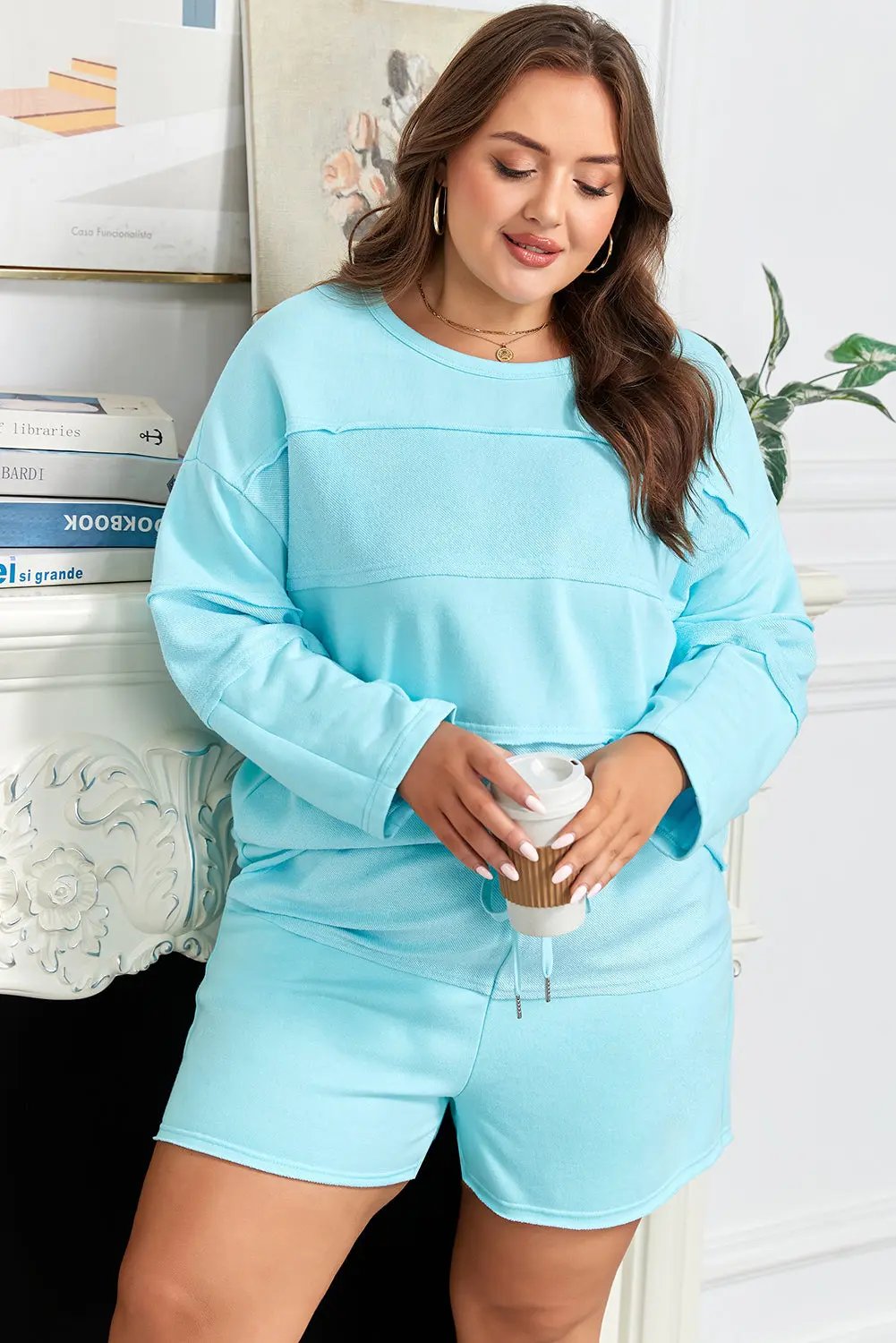 Premium Aruba Blue Plus Size Solid Color Splicing Raw Hem Pullover Top Shorts Set Dear-Lover Dropshipping