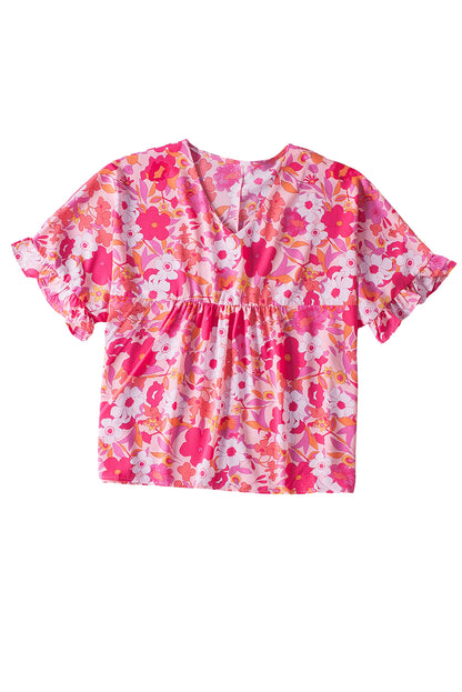 Lovely rose print ruffled plus size babydoll blouse