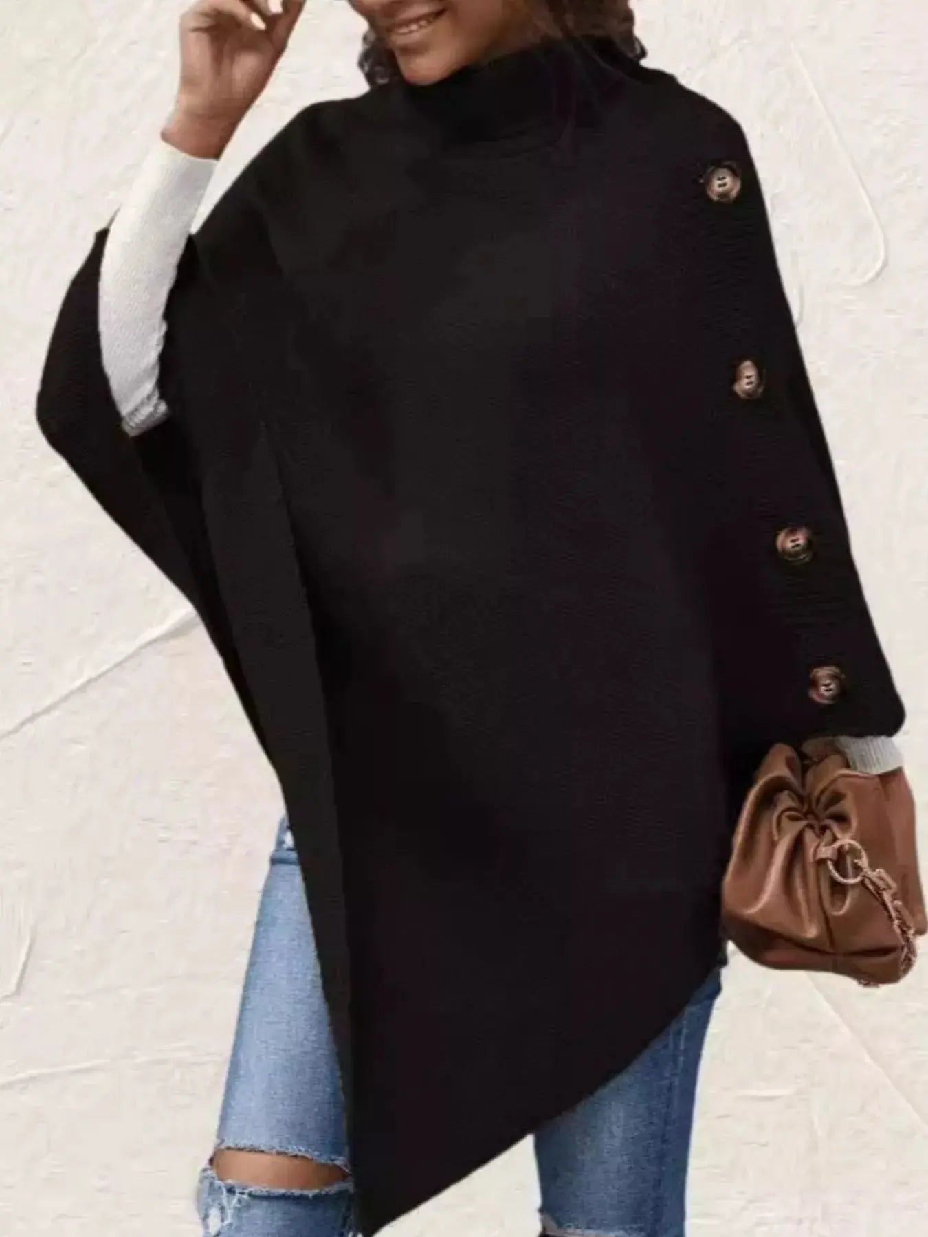 Button-Decor Turtleneck Poncho Pullover Simply Love