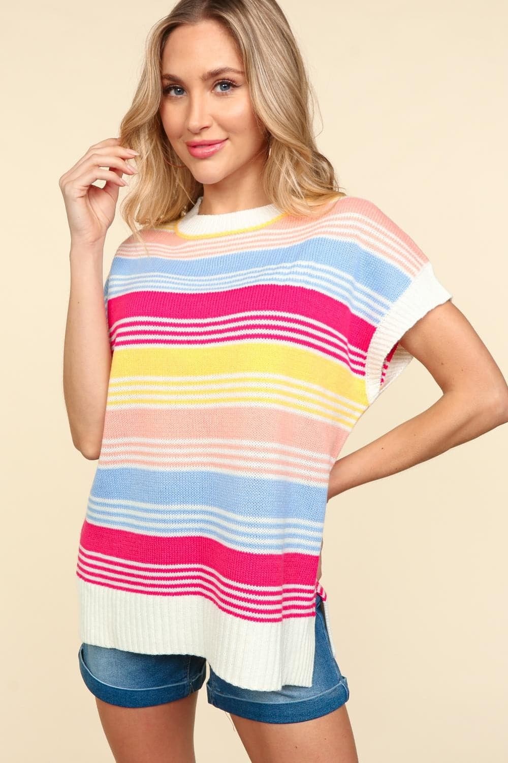 Haptics Striped Side Slit Short Sleeve Knit Top.