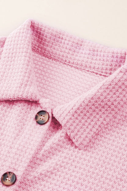 Collared Long Sleeve Waffle-Knit Shirt with Pocket