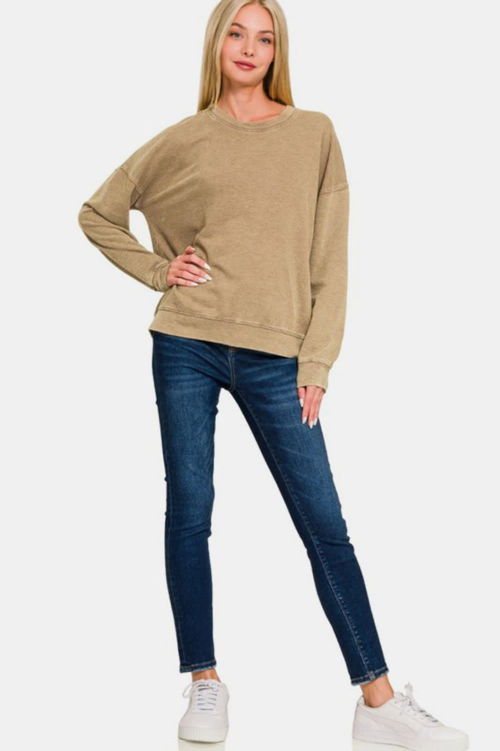 Zenana Washed Round Neck Dropped Shoulder Sweatshirt