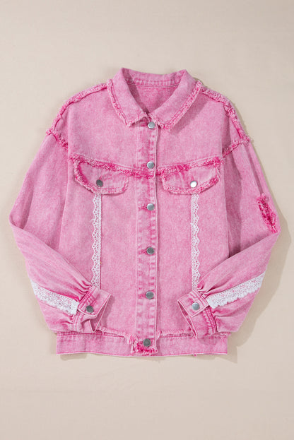 Chic pink lace and distressed denim jacket with button closure