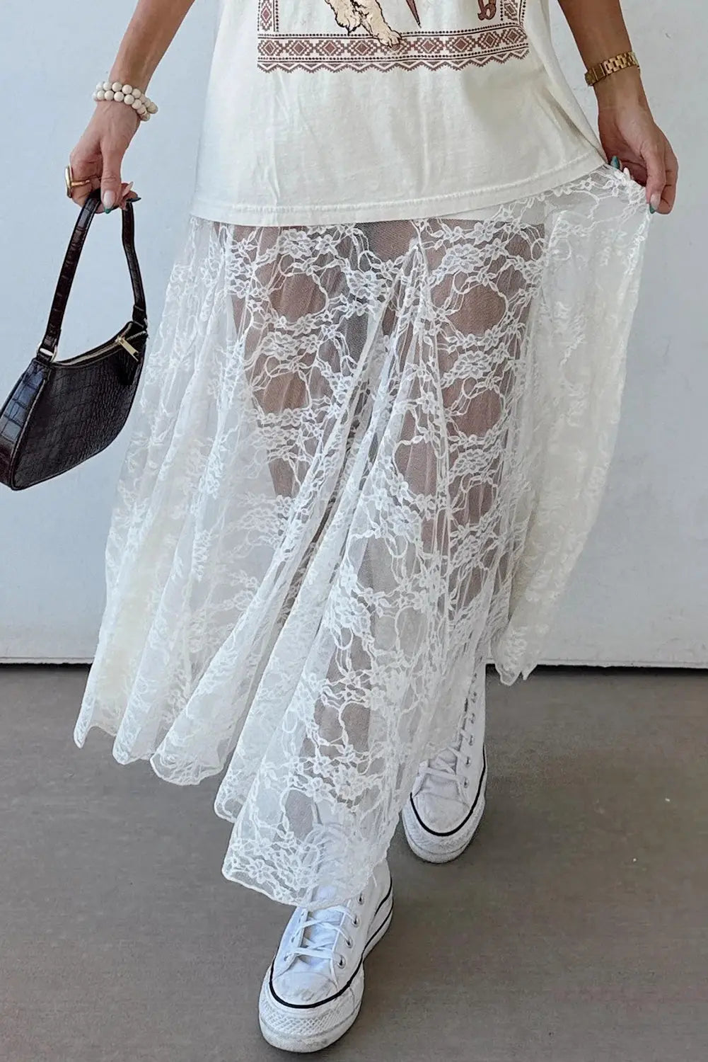 White Sheer Floral Lace Flowy Maxi Skirt For Women Dear-Lover Dropshipping
