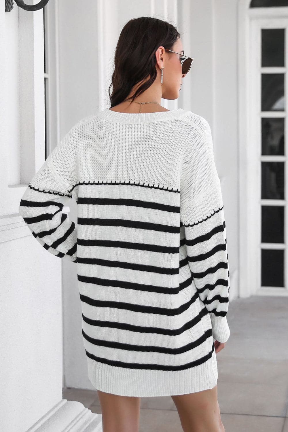 Striped V-Neck Drop Shulder Sweater Dress.