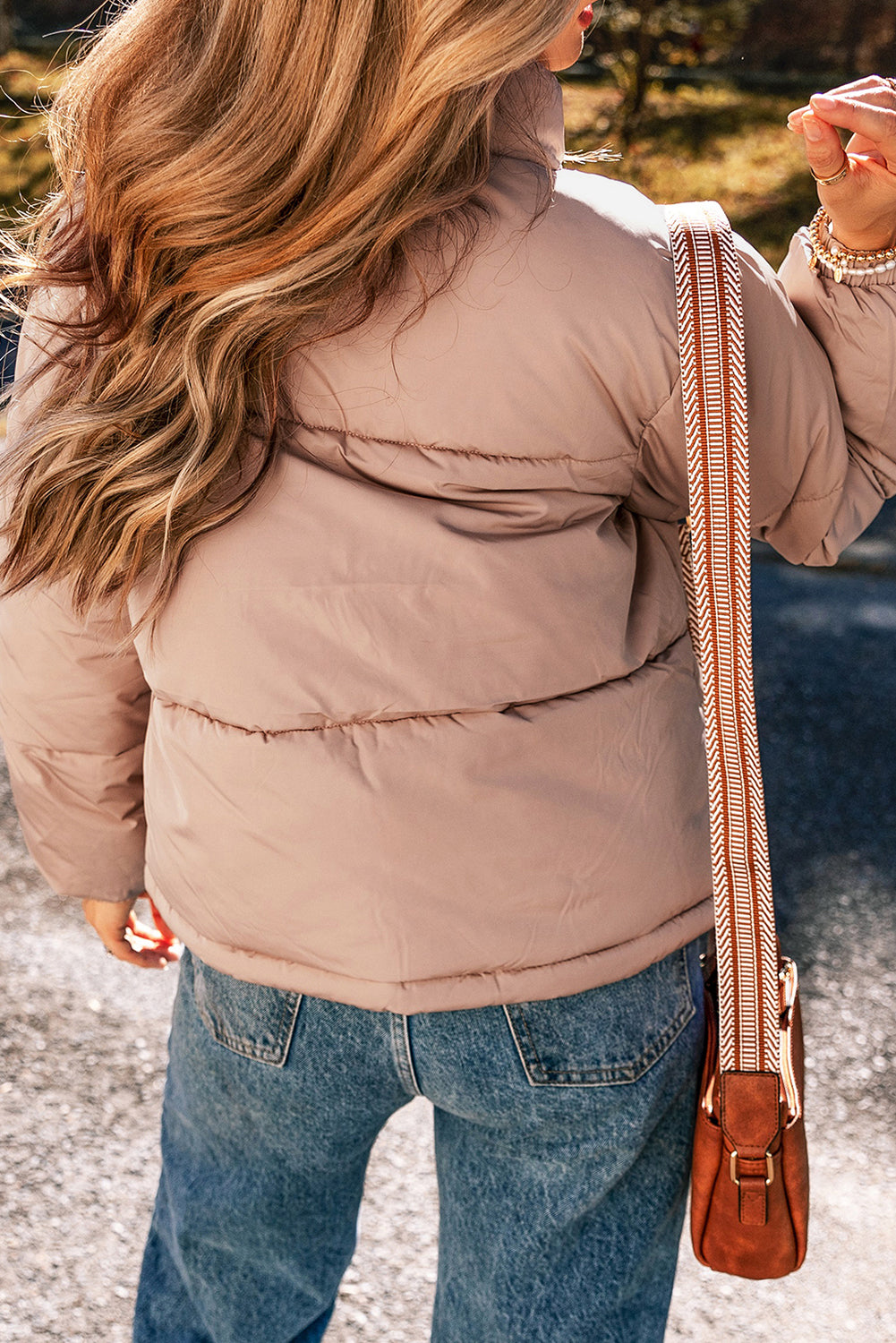 Chic apricot pink quilted puffer jacket with full zipper