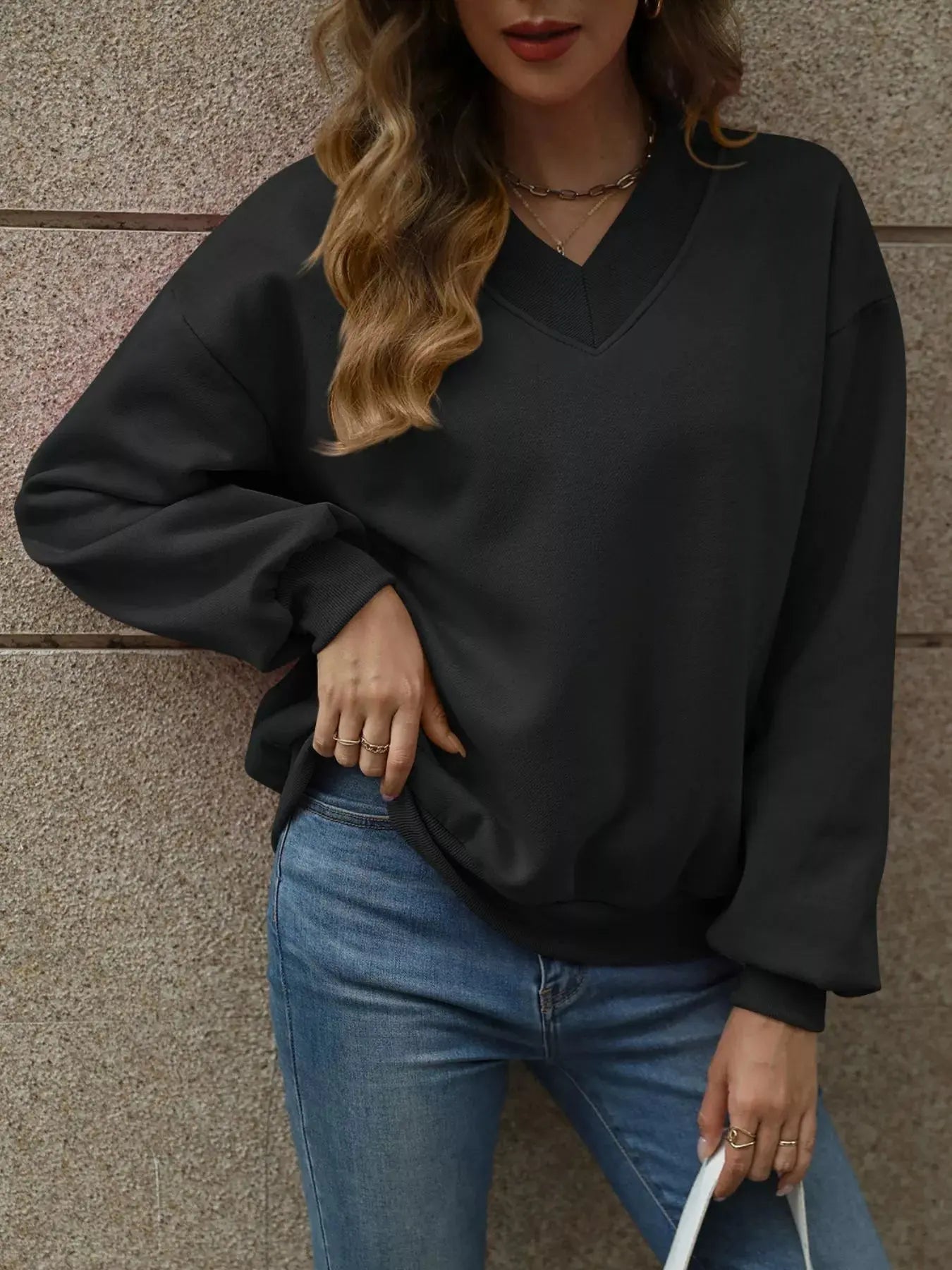 V-Neck Solid Color Casual Sweatshirt Simply Love