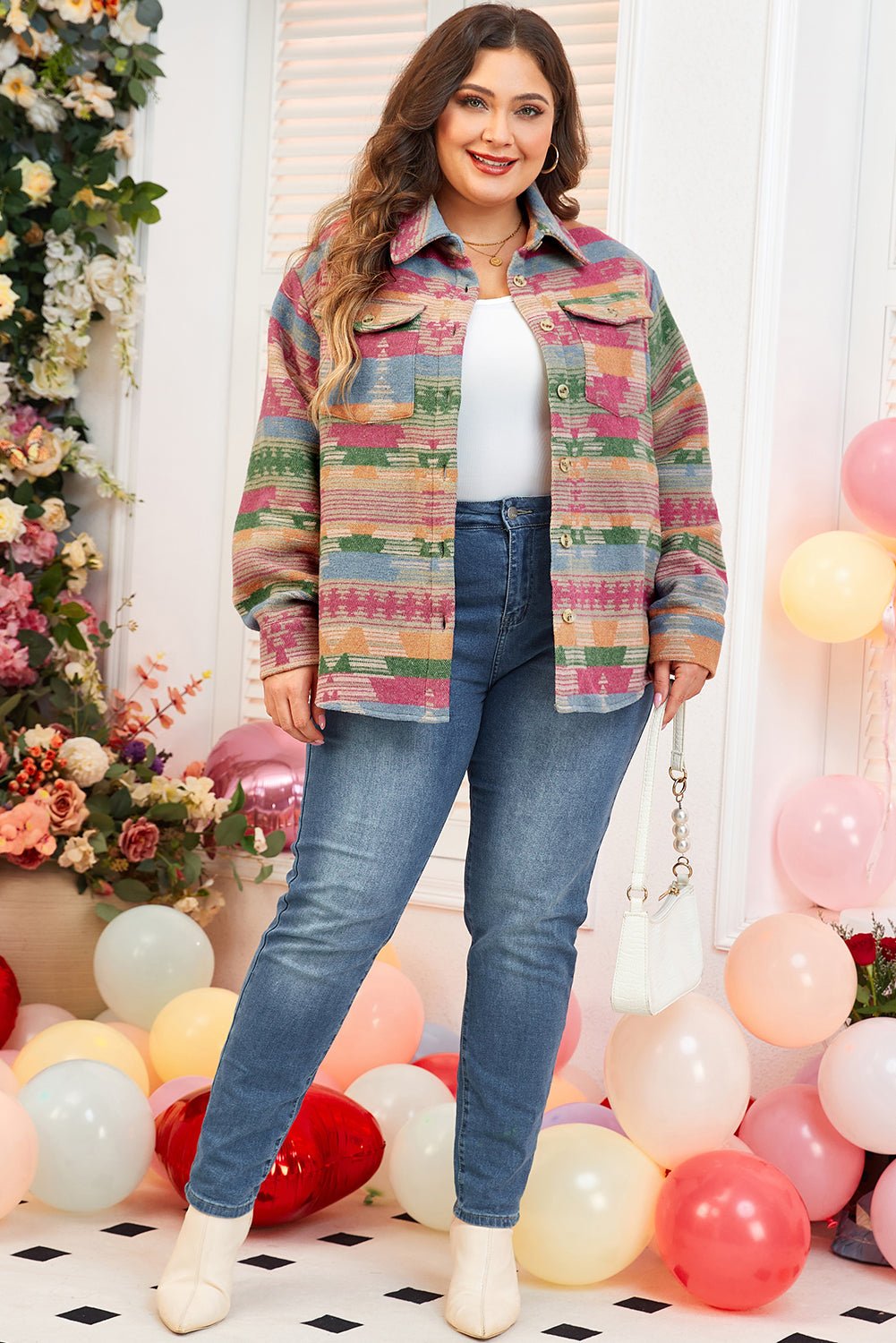 Chic pink plus size shacket with Aztec print and flap pockets