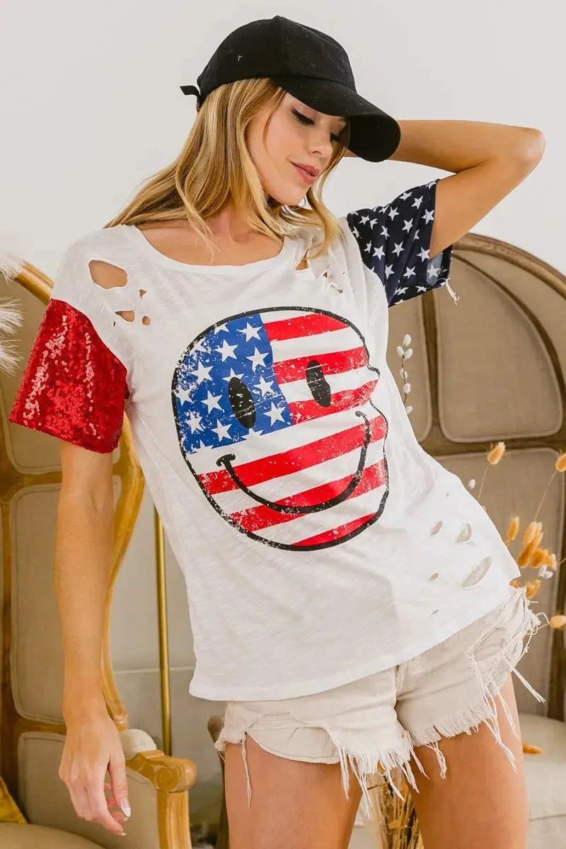 BiBi Fourth Of July Top With Laser Cut And Smile Face - Love Salve 