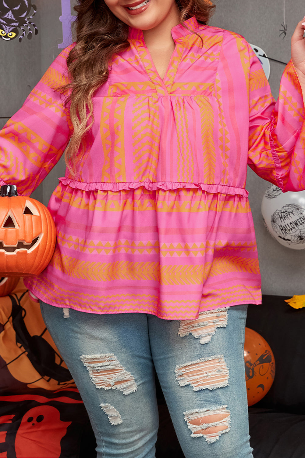 Chic geometric embroidered plus size bell sleeve babydoll blouse in vitality orange