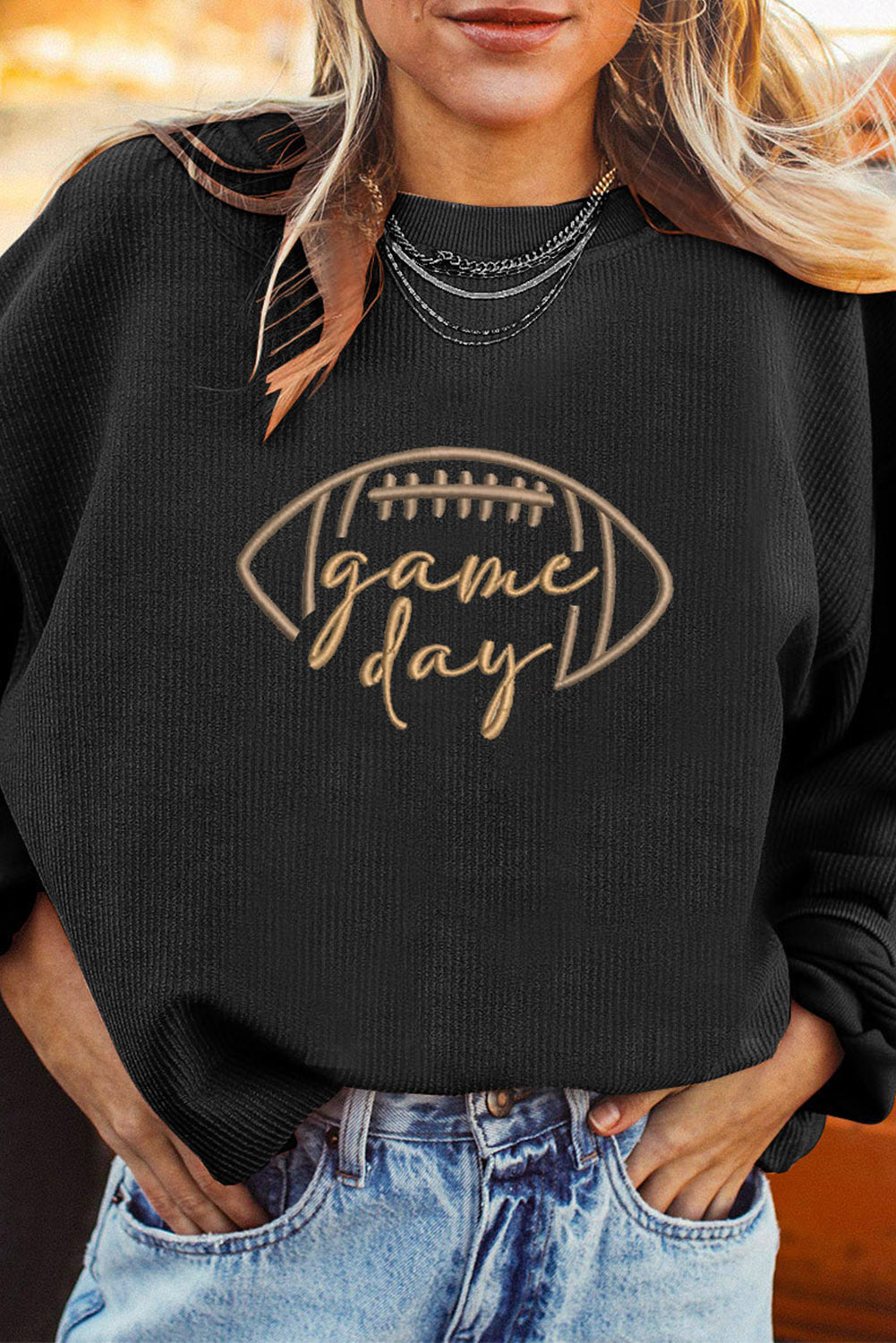 Premium Black Rugby Game Day Embroidered Corduroy Sweatshirt Dear-Lover Dropshipping