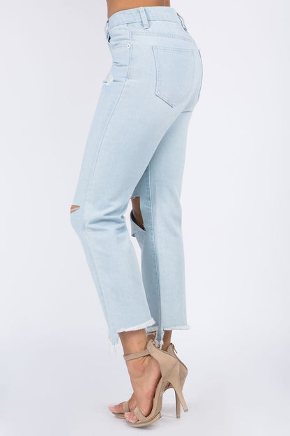 American Bazi High Waist Distressed Raw Hem Jeans.