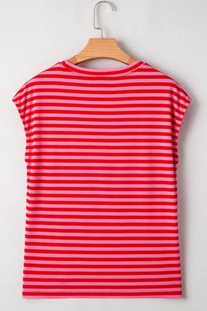 Stripe Ribbed Cap Sleeve Round Neck T Shirt