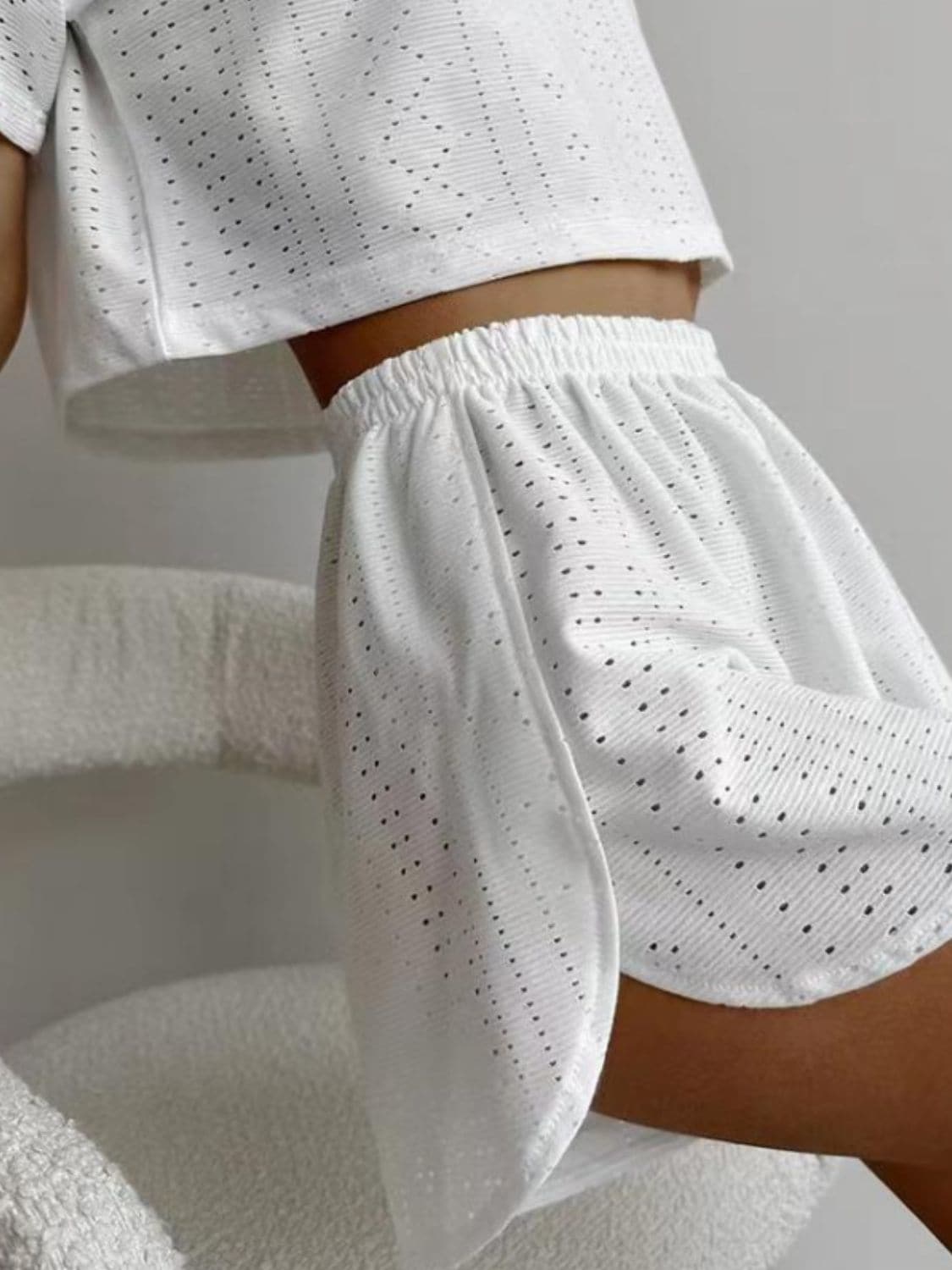 Eyelet Round Neck Top and Shorts Set.