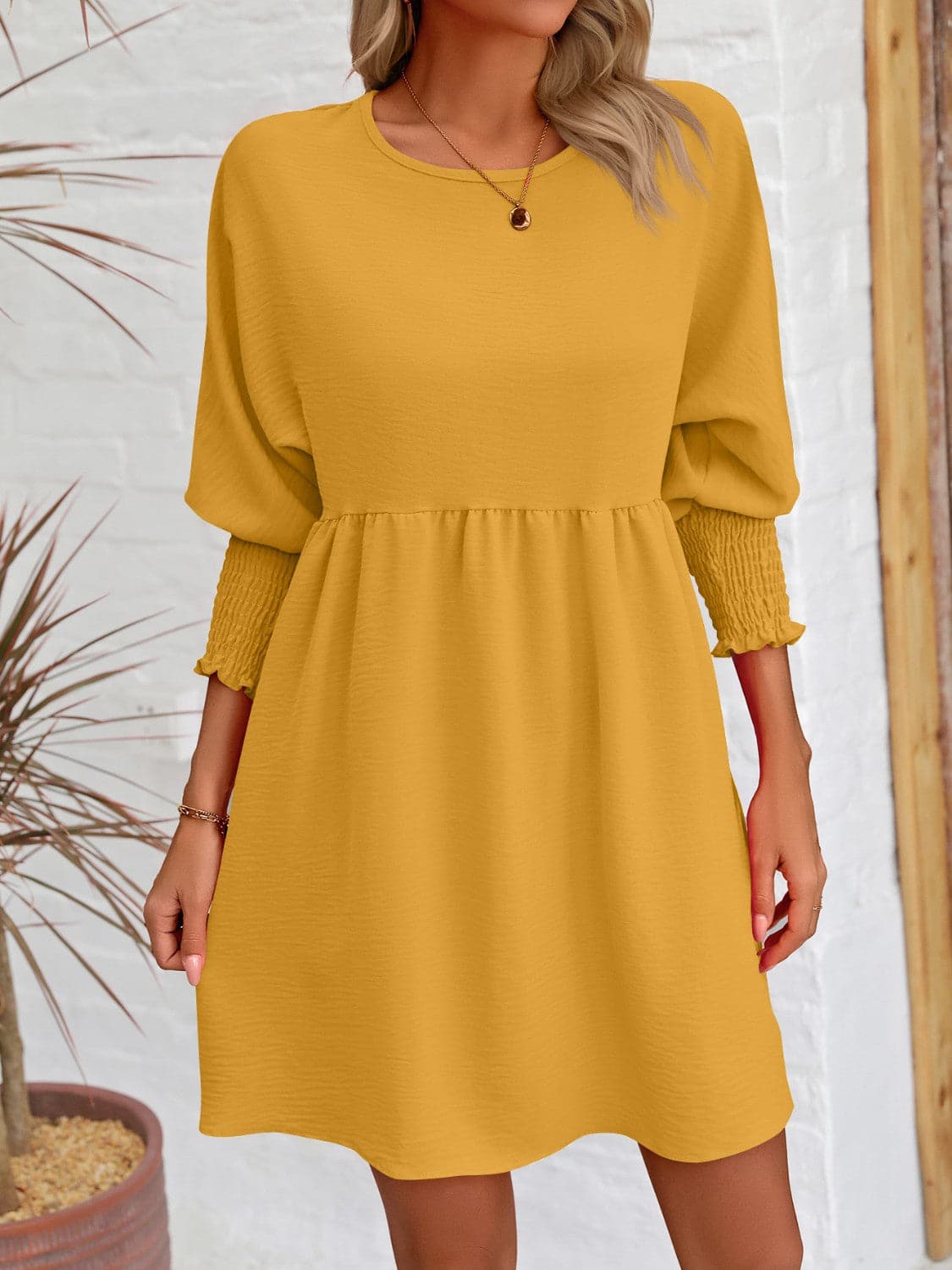 Round Neck Lantern Sleeve Mini DressFeatures: Basic style
Sheer: Opaque
Stretch: Slightly stretchy
Body: Not lined
Material composition: 100% polyester
Care instructions: Machine wash cold. Tumble dry Love Salve Round Neck Lantern Sleeve Mini Dress