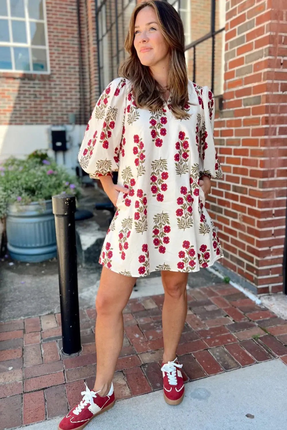 White Floral Print V Neck Three Quarter Sleeve Loose Mini Dress Dear-Lover Dropshipping