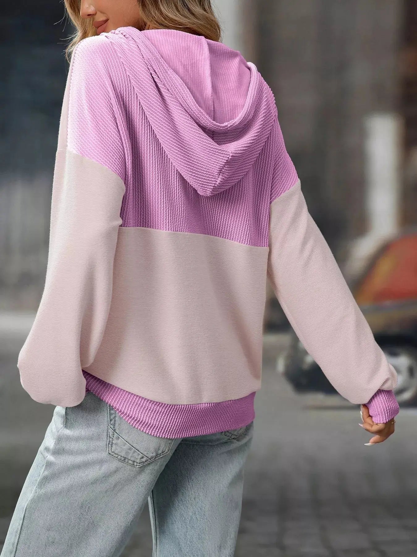 Casual Color Block Button Detail Hoodie Simply Love