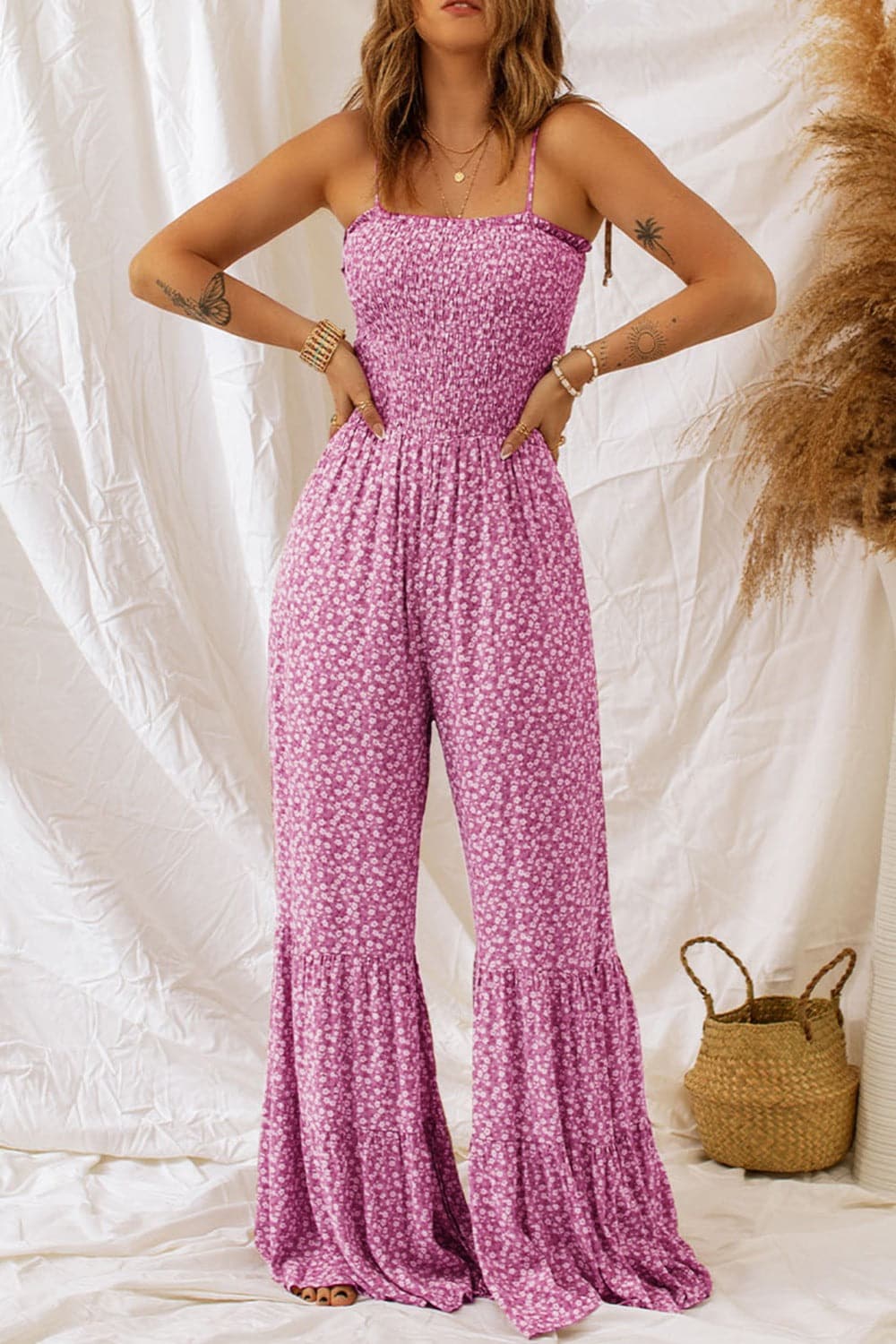 Smocked Printed Wide Strap Jumpsuit.