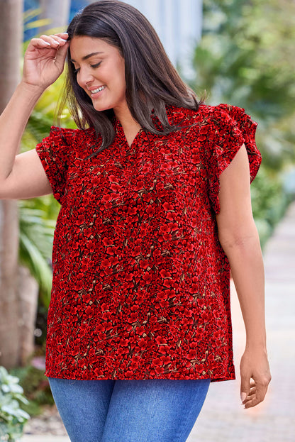 Fiery Red Rose Floral Print Ruffle Sleeve Plus Size Top