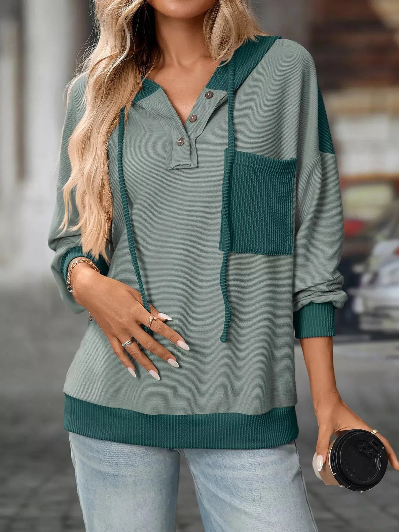 Casual Color Block Button Detail Hoodie Simply Love