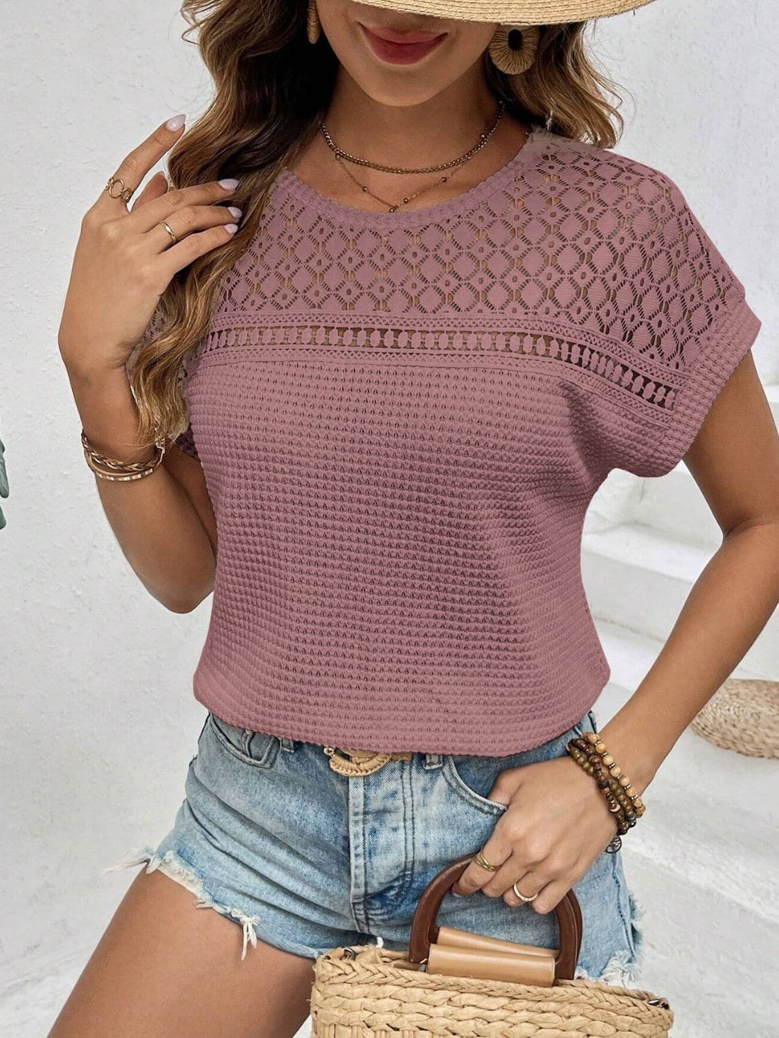 Waffle-Knit Round Neck Short Sleeve Top.