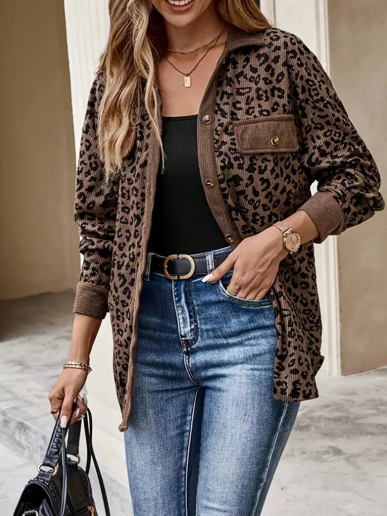 Leopard Print Corduroy Button-Up Jacket Simply Love