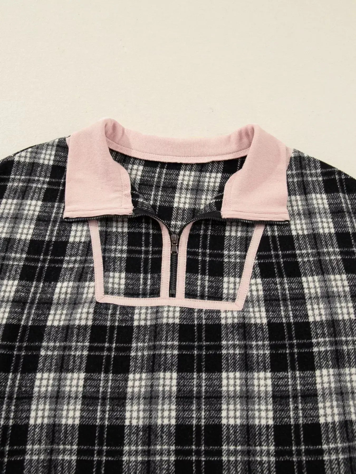 Plaid Polo Collar Zip up Contrast Trim Shift Long Sleeve Mini Dress Simply Love
