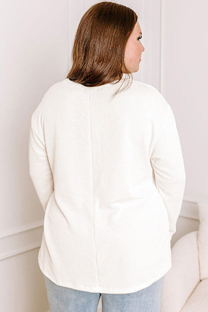 Chic white ribbed long sleeve plus size t-shirt with pocket detail