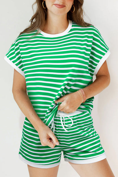 Dark Green Striped Cap Sleeve Top and Shorts Ensemble