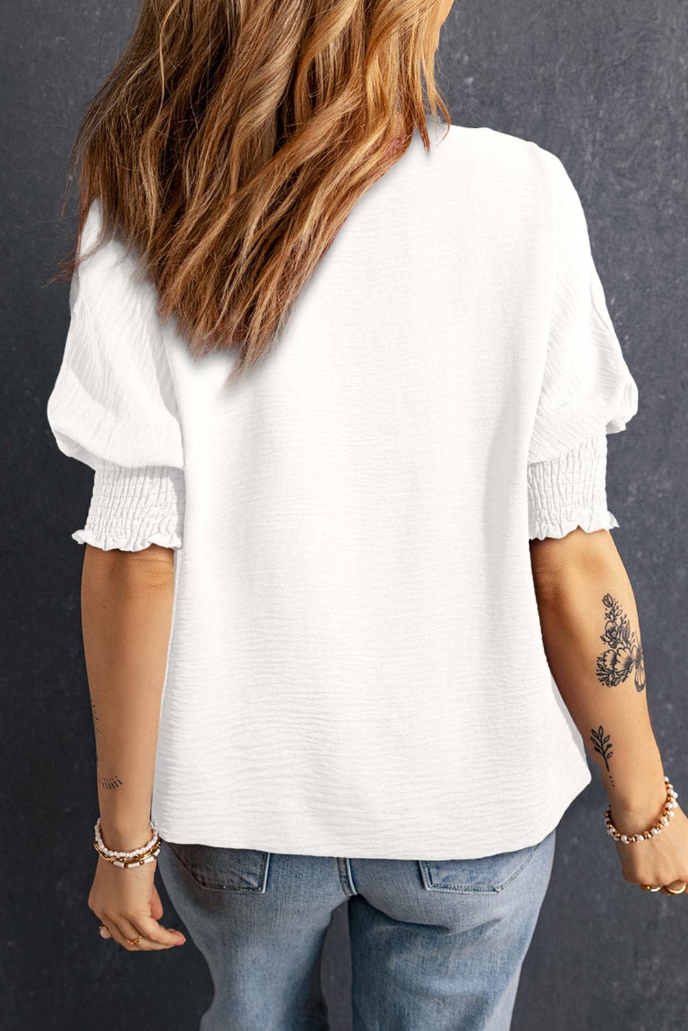 Smocked Johnny Collar Half Sleeve Blouse.