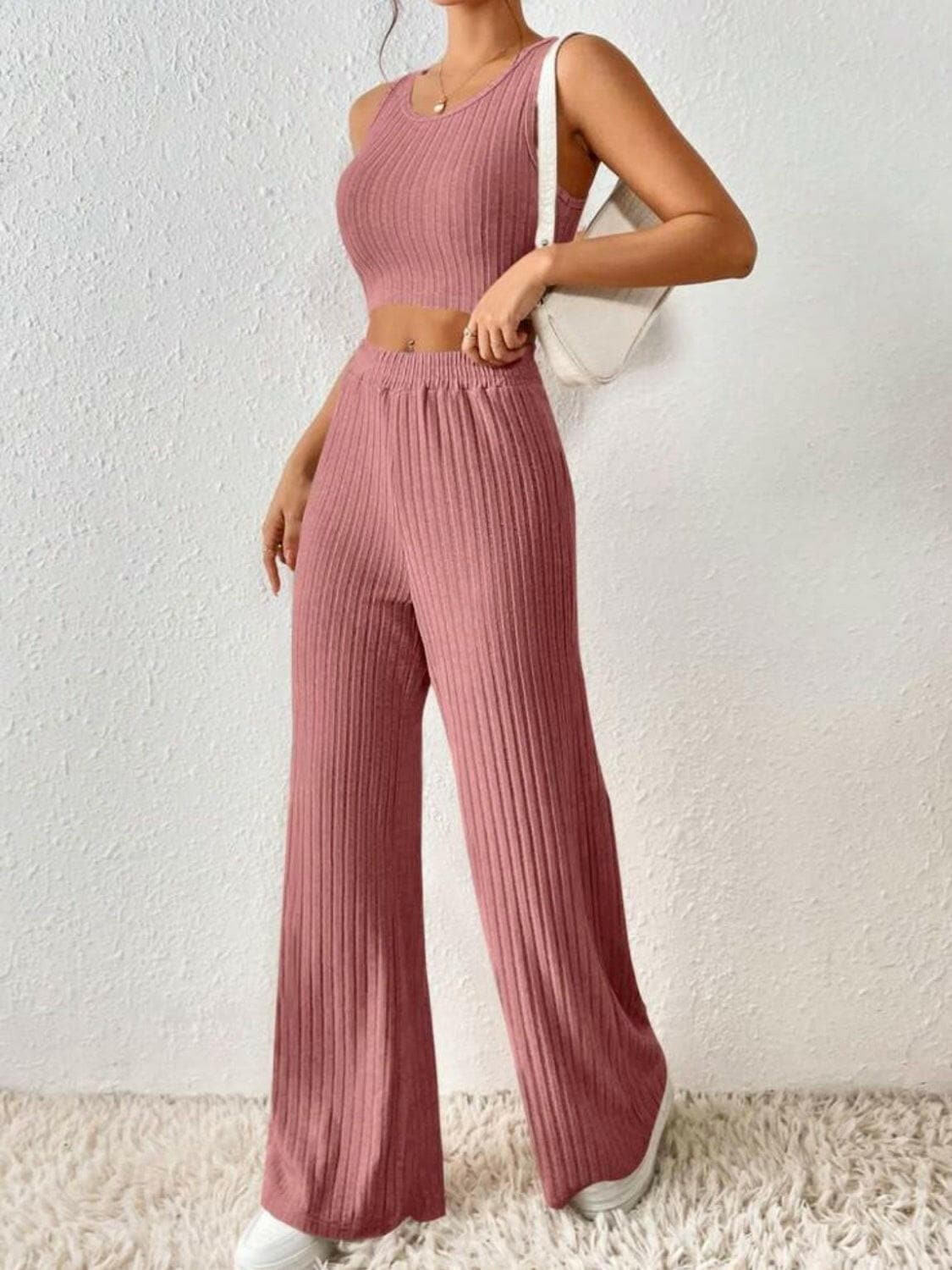 Ribbed Round Neck Tank and Pants Sweater Set.