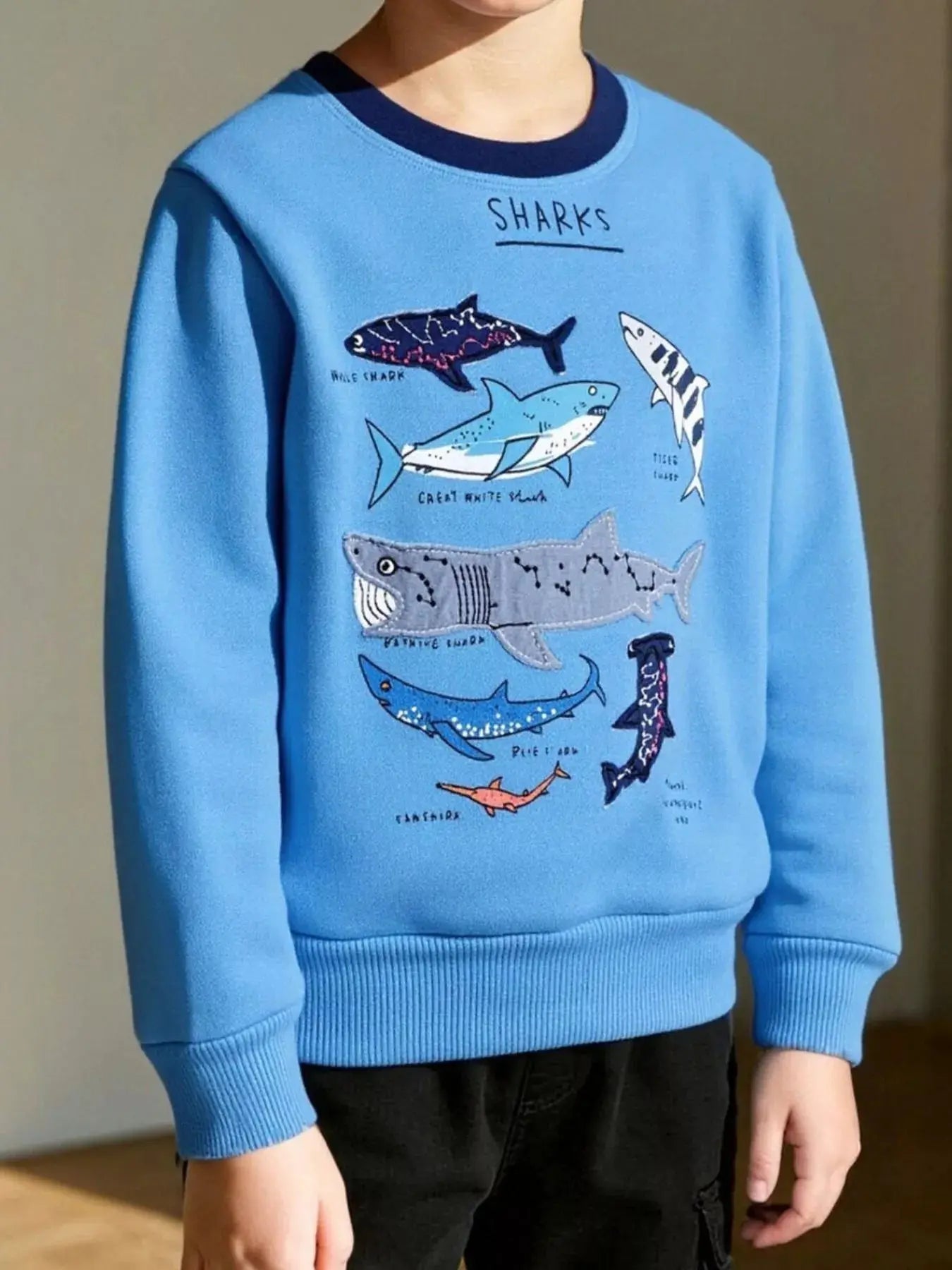 Kids Shark Print Crew Neck Sweatshirt 100 Percent Cotton Unisex Simply Love