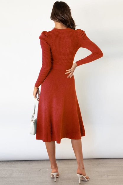 Round Neck Long Sleeve Tie Waist Sweater Dress.