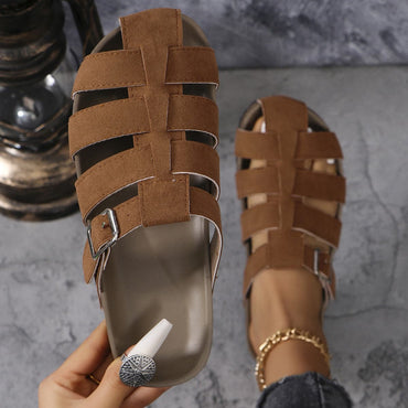 Suede Round Toe Woven Sandals.