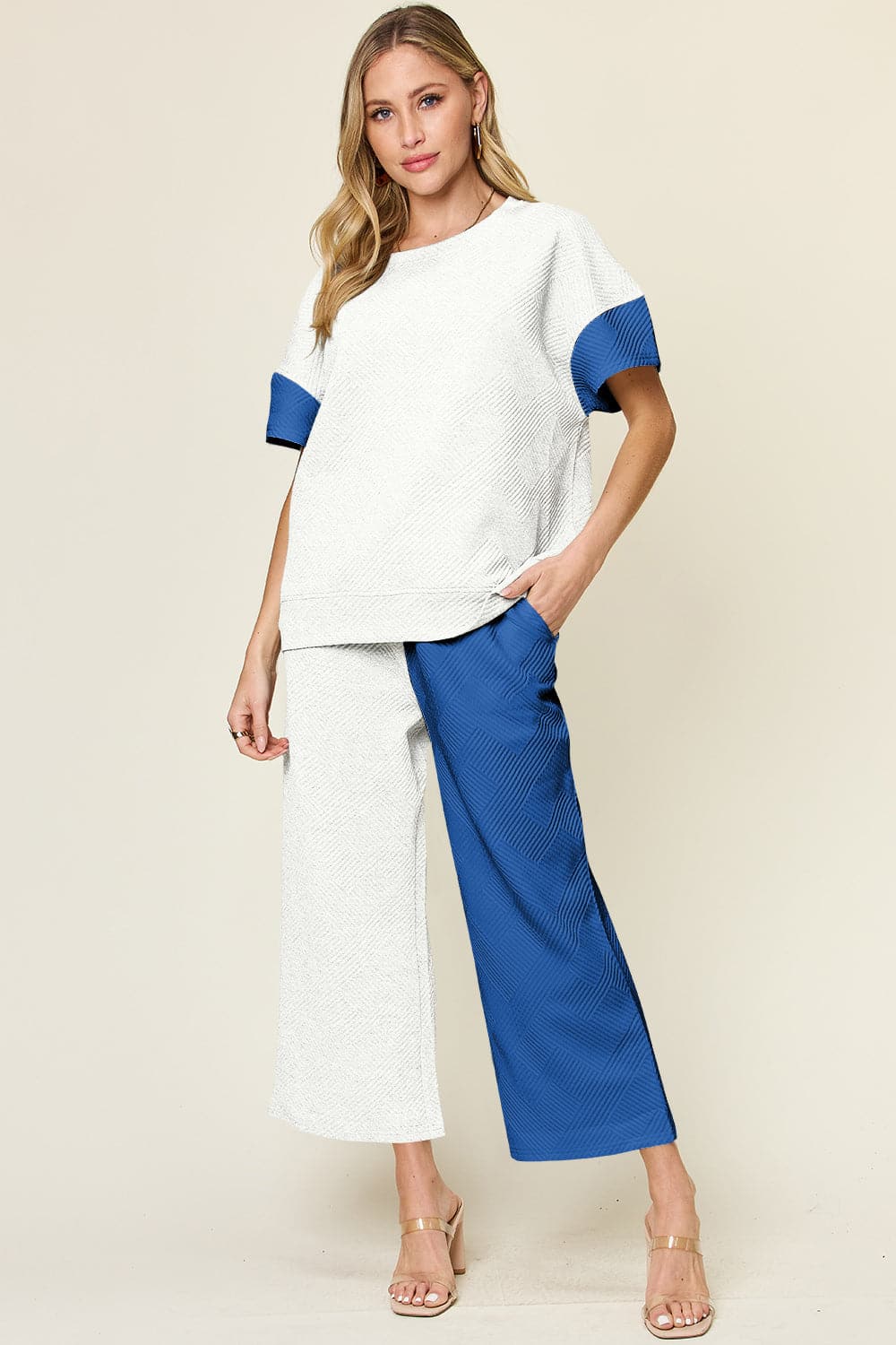 Double Take Full Size Texture Contrast T-Shirt and Wide Leg Pants Set.