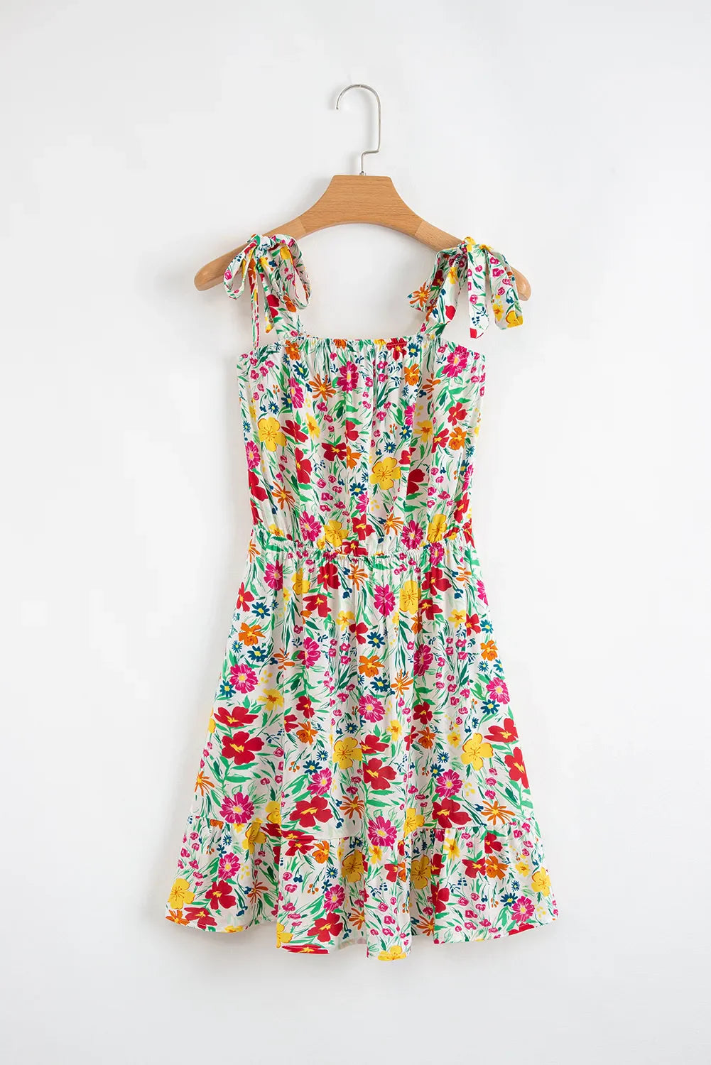 Floral Knotted Straps Cinched Waist Ruffle Hem Mini Dress